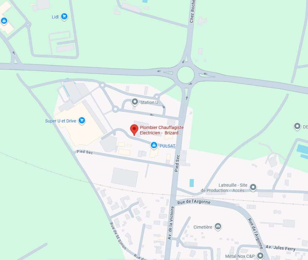 Carte des commerces et services à Pied Sec - Google Maps Carte montrant l'emplacement du Plombier Chauffagiste Electricien Brizard près du Super U dans le quartier Pied Sec.