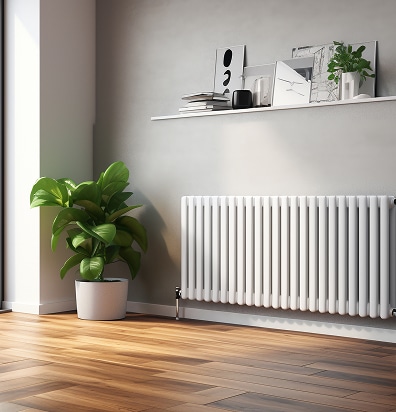 Radiateur blanc design sous une étagère décorée à côté d'une plante verte dans un salon au parquet chaleureux.