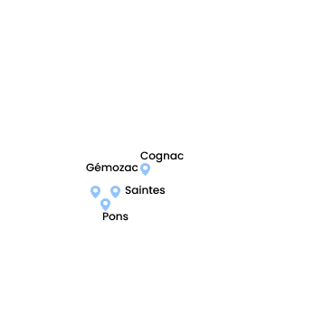 Localisation de Cognac, Saintes, Gémozac et Pons en Charente Carte minimaliste avec repères bleus pour les villes de Gémozac, Cognac, Saintes et Pons.